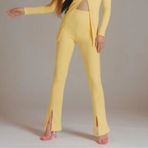 Mango MNG Front Slit Knit Pants Yellow NWT